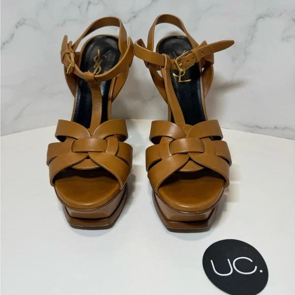 Saint Laurent Tribute Platform Sandals in Amber Smooth Leather. Size 37. - Picture 2 of 4